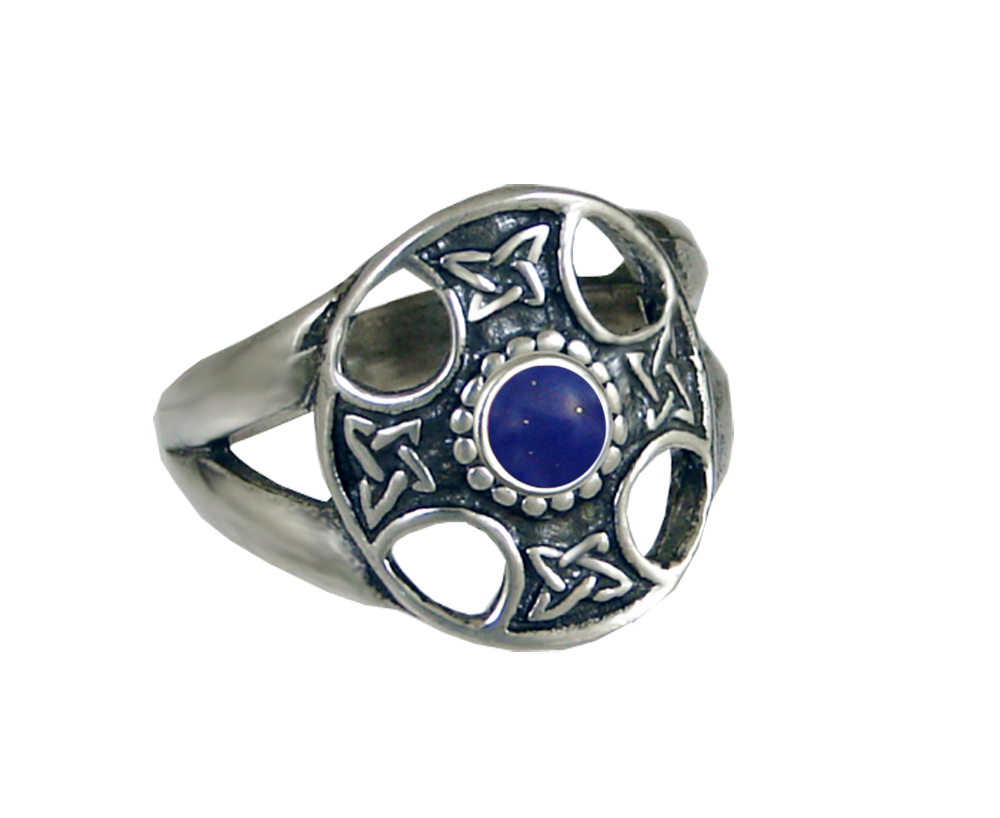 Sterling Silver Celtic Solar Cross Ring With Lapis Lazuli Size 10